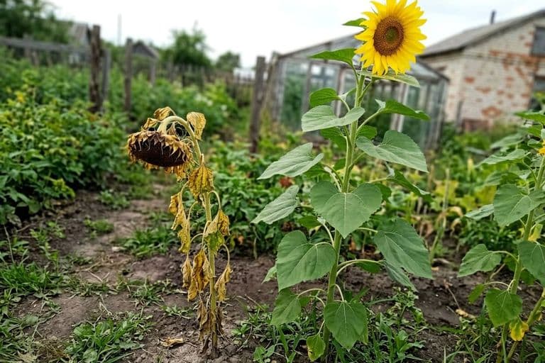 Поражённый заразихой подсолнечник рядом со здоровым растением