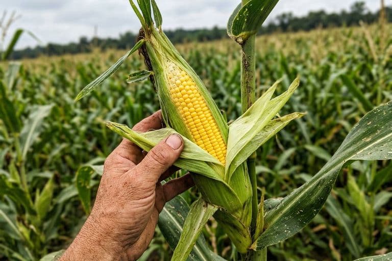 Проверка спелости початка кукурузы — раскрытие обёртки в поле