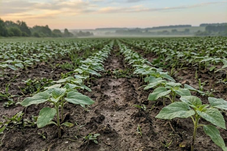 Молодые растения подсолнечника в рядках — контроль густоты стояния