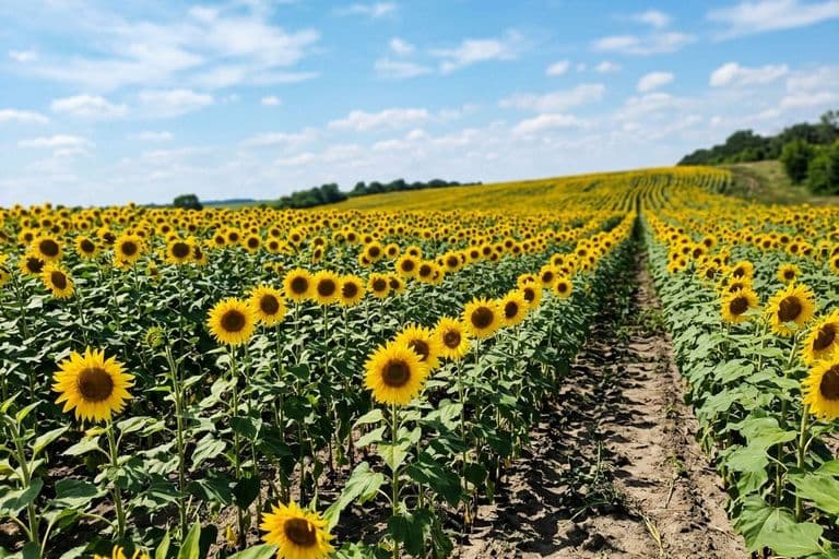 Поле подсолнечника в цветении — выбор гибрида для посева