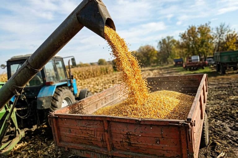 Выгрузка зерна кукурузы после уборки — поток зерна из комбайна